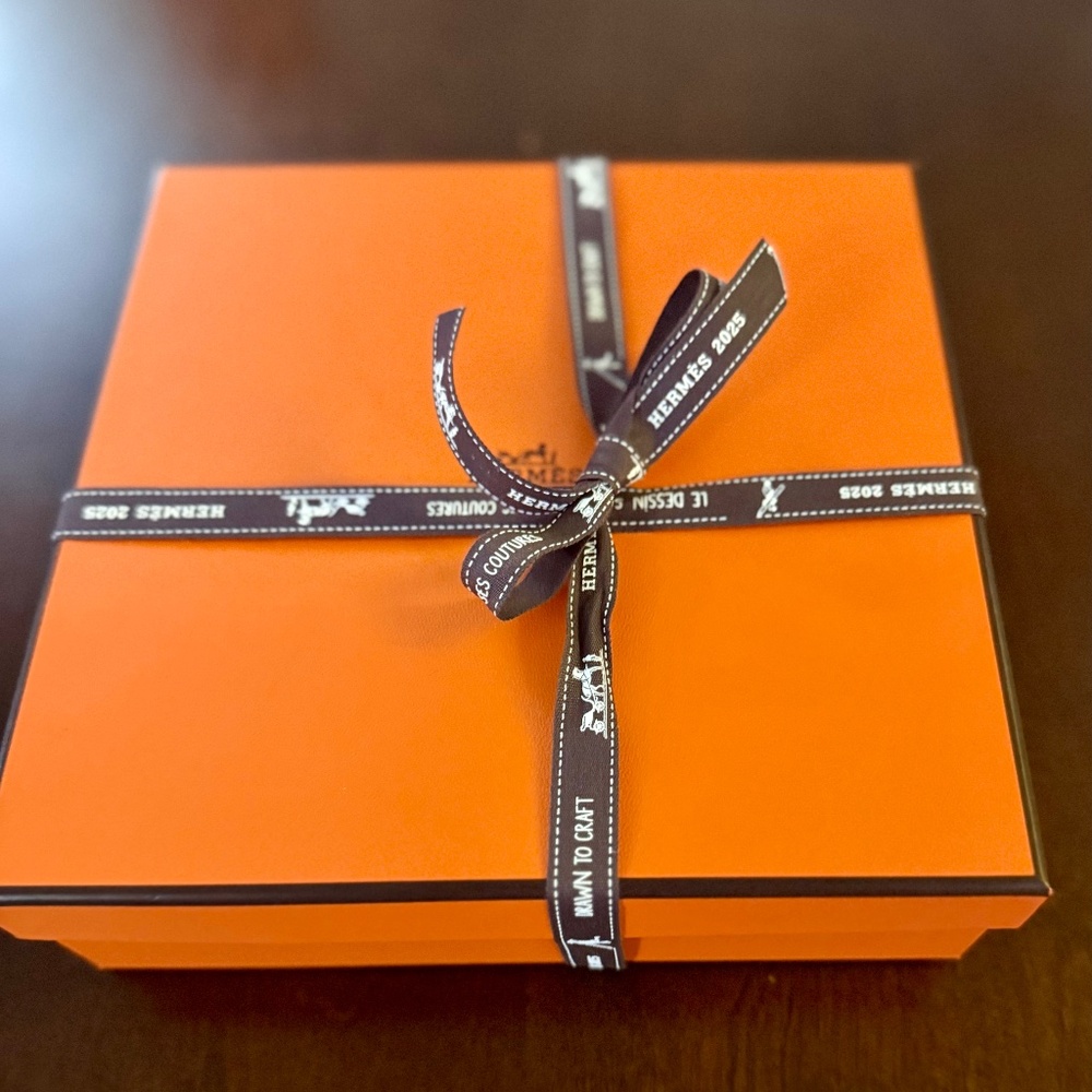 Empty Hermes Orange Box (smaller square) with tissue and new brown (2025) ribbon